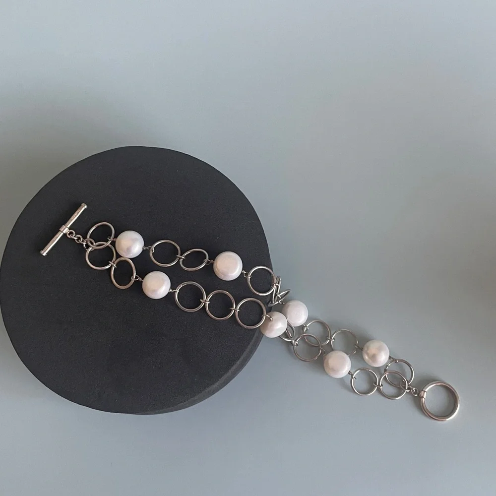Vintage 925 Sterling Silver Double-Strand Bracelet Freshwater Pearl Toggle Clasp - Picture 4 of 5